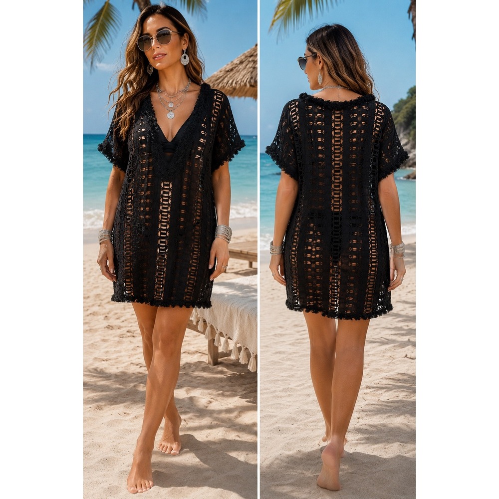 Black Eyelet Crochet Beach Cover Up Dress V-Neck Fringe Trim Boho Swimwear Large